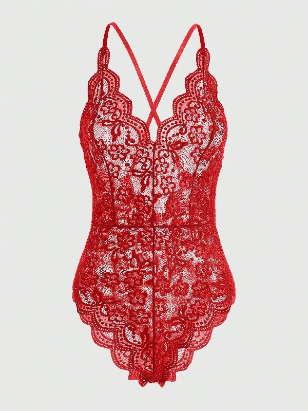 Seamless Bodysuits for a Smooth Underwear LookKawaii -Shaped Lace Trimmed Sexy Cross-Back Design Bodysuit Lingerie