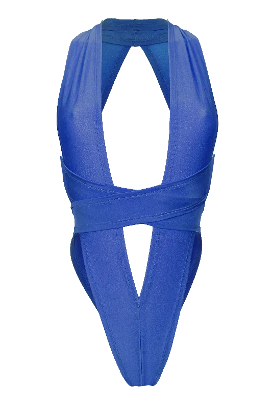 Long - Sleeve Bodysuits for Cold Weather LayeringCRISS CROSS Bondage High-Cut Bodysuit / Festival Bodysuit /ROYAL BLUE