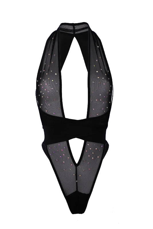 Compression Bodysuits for Post - Workout RecoveryCRISS CROSS Mesh Crystals Bodysuit / Sexy lingerie / BLACK