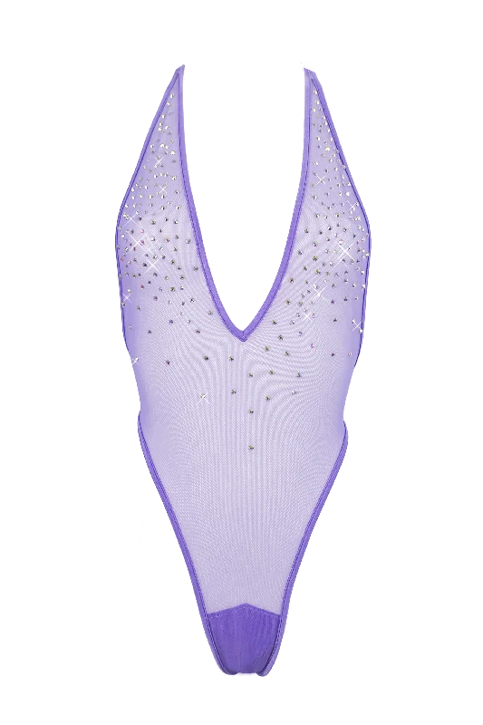 Ruffled Bodysuits with a Playful and Feminine TouchHigh Cut Bodysuit  SKINNY CRYSTAL  / Sexy Lingerie Sheer Mesh / LILAC