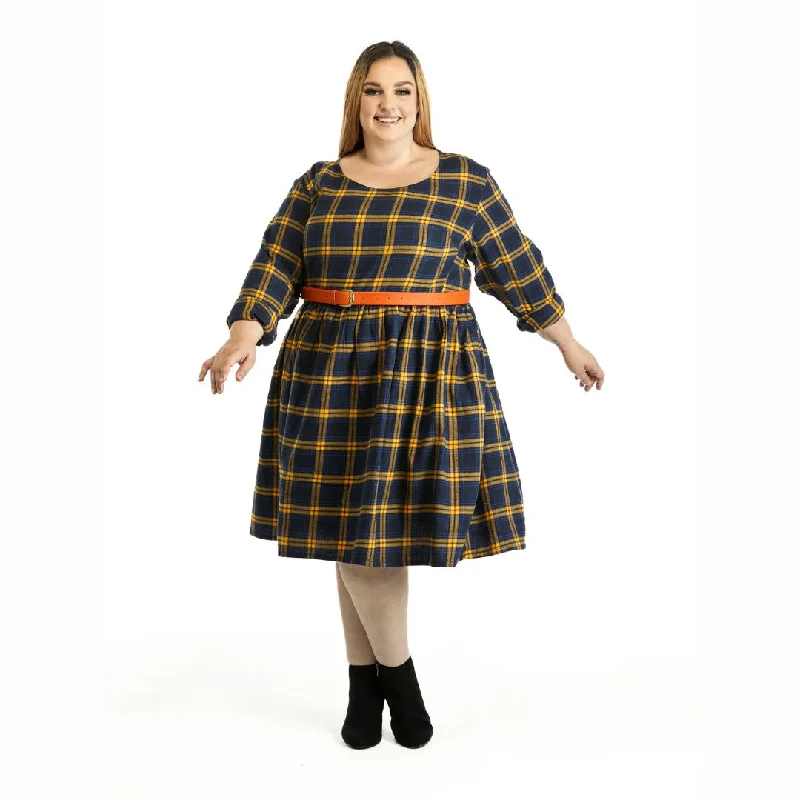 Plus size shirred - bodice dress for extra comfortWinter Sally Plus Size Dress with Pockets | Blue & Yellow Tartan Flannelette Plus size shirred - bodice dress for extra comfortWinter Sally Plus Size Dress with Pockets | Blue & Yellow Tartan Flannelette
