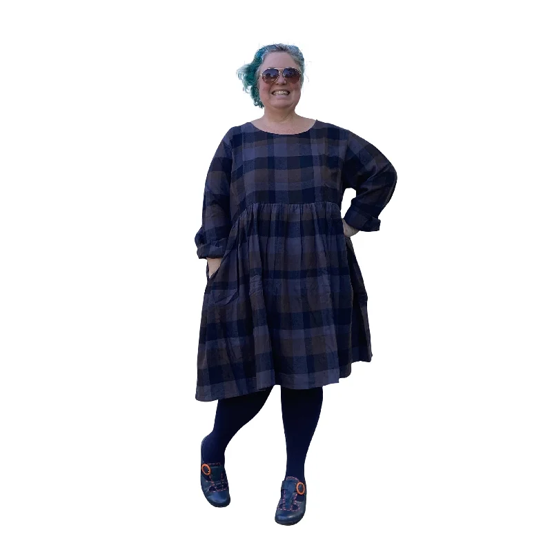 Plus size tiered ruffle dress for a feminine and playful vibeWinter Sally Plus Size Dress with Pockets | Brown & Grey Tartan Flannelette Plus size tiered ruffle dress for a feminine and playful vibeWinter Sally Plus Size Dress with Pockets | Brown & Grey Tartan Flannelette