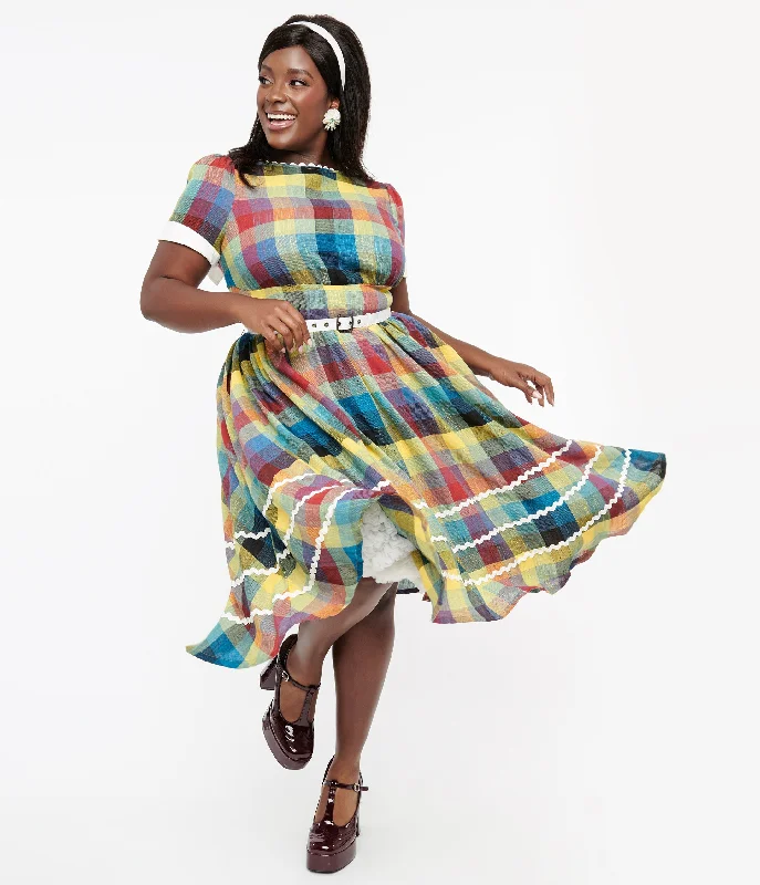 Plus size halter - neck beach dress for a breezy vacationUnique Vintage Plus Size 1950s Multicolor Plaid Cotton Swing Dress Plus size halter - neck beach dress for a breezy vacationUnique Vintage Plus Size 1950s Multicolor Plaid Cotton Swing Dress