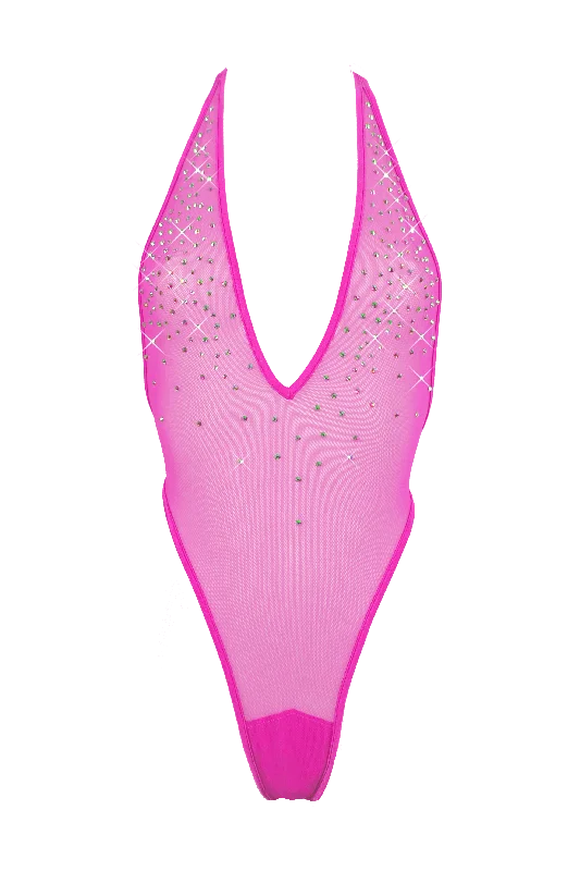 Sleeveless Bodysuits for a Cool and Casual Summer LookHigh Cut Bodysuit  SKINNY CRYSTAL  / Sexy Lingerie Sheer Mesh/ NEON PINK