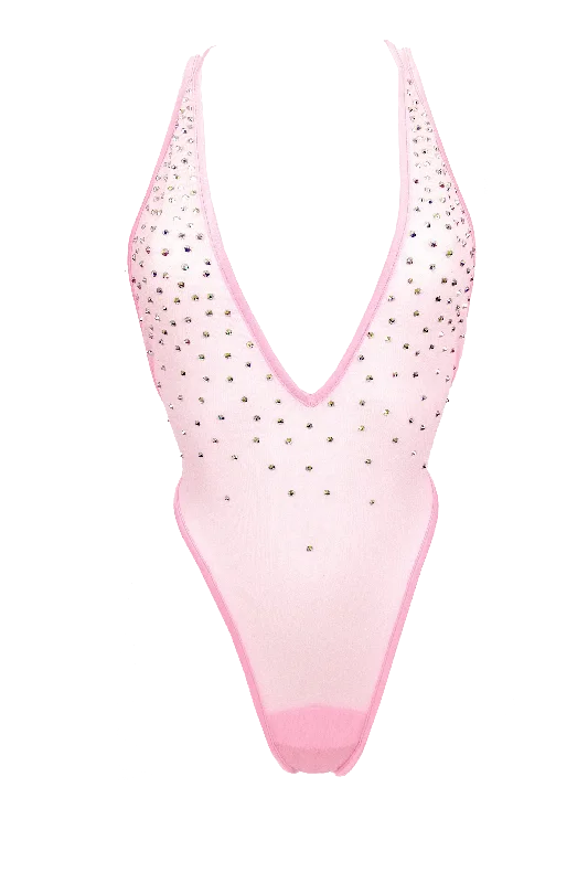 Organic Cotton Bodysuits for an Eco - Friendly and Comfortable OptionHigh Cut Bodysuit  SKINNY CRYSTAL  / Sexy Lingerie Sheer Mesh / BABY PINK