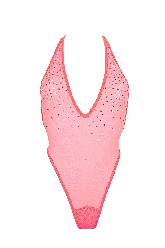 Mesh Bodysuits for a Bold and Edgy Fashion StatementHigh Cut Bodysuit  SKINNY CRYSTAL  / Sexy Lingerie Sheer Mesh / CORAL