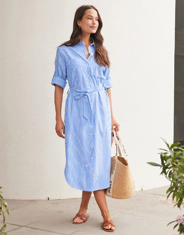 Plus size long - sleeve knitted dress for winter warmthHayley Shirt Dress - Blue/White Stripe Plus size long - sleeve knitted dress for winter warmthHayley Shirt Dress - Blue/White Stripe