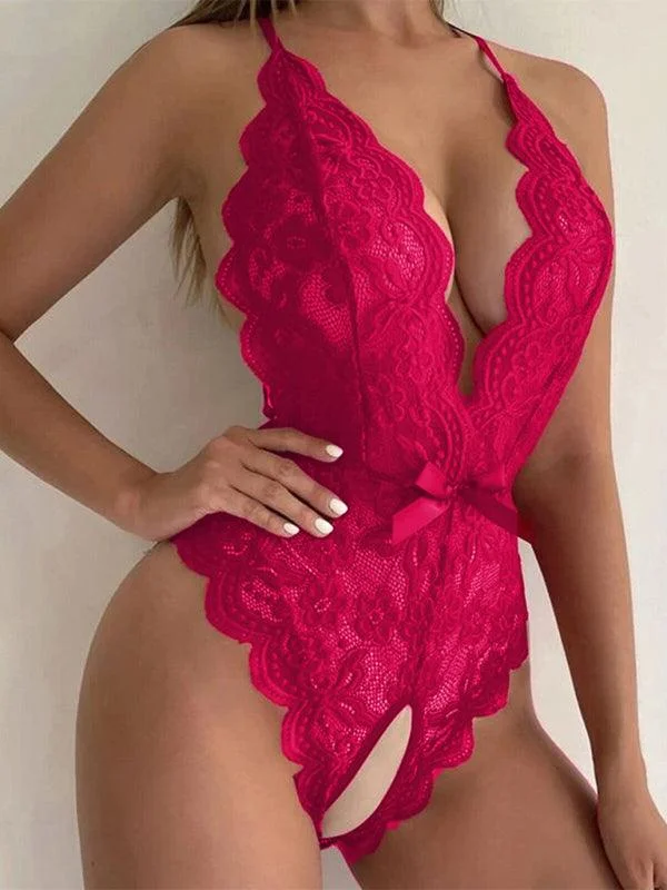 Plus - Size Bodysuits with a Comfortable and Flattering FitHalter Neck Strap Sexy Backless Lace Bodysuit