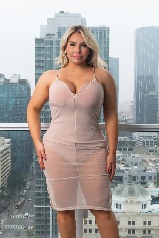 Plus size A - line cocktail dress with a flattering silhouettePlus Size Sheer Mesh Spaghetti Strap Midi Dress With Bodysuit Lining and Front Zipper (LDP301) Plus size A - line cocktail dress with a flattering silhouettePlus Size Sheer Mesh Spaghetti Strap Midi Dress With Bodysuit Lining and Front Zipper (LDP301)