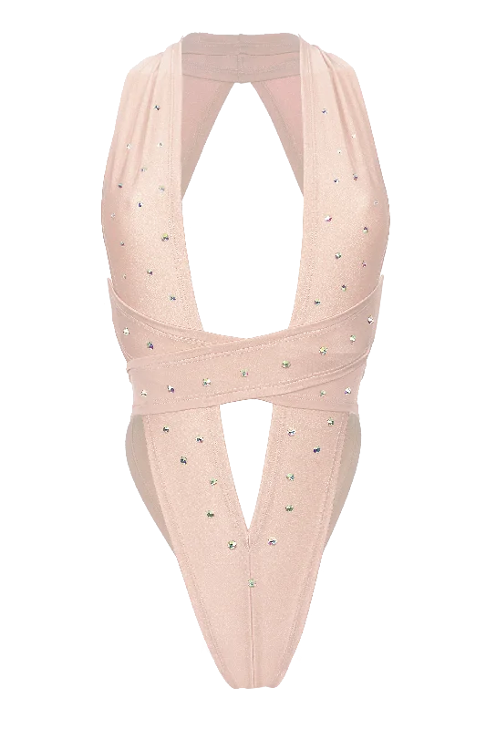 Printed Bodysuits with Floral Patterns for a Feminine VibeCRISS CROSS CRYSTAL Sexy High-Cut Bodysuit / Rave Bodysuit / FLESH