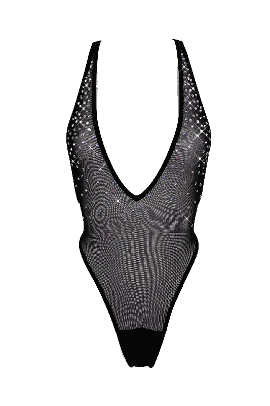 Seamless Bodysuits for a Smooth Underwear LookHigh Cut Bodysuit  SKINNY CRYSTAL  / Sexy Lingerie Sheer Mesh/ BLACK