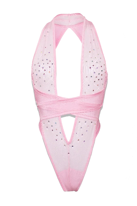 Maternity Bodysuits for Expecting Mothers' ComfortCRISS CROSS Mesh Crystals Bodysuit / Sexy lingerie / BABY PINK