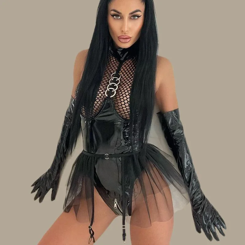 Metallic Bodysuits for a Glitzy and Glamorous Night OutHalter Neck Leather Lingerie-grid Bodysuit