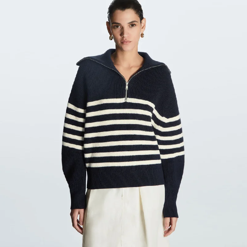 Floral Print Women Sweater for a Feminine AppealBreton Spread Collar Half Zip Blue and White Striped Sweater