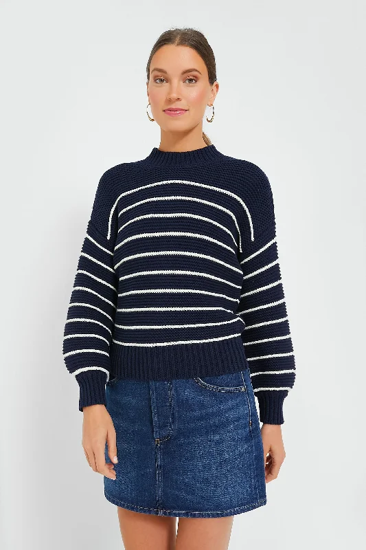 Cable - Knit Women Sweater with Intricate PatternsDark Navy and Ivory Stripe Button Back Crewneck Sweater Cable - Knit Women Sweater with Intricate PatternsDark Navy and Ivory Stripe Button Back Crewneck Sweater