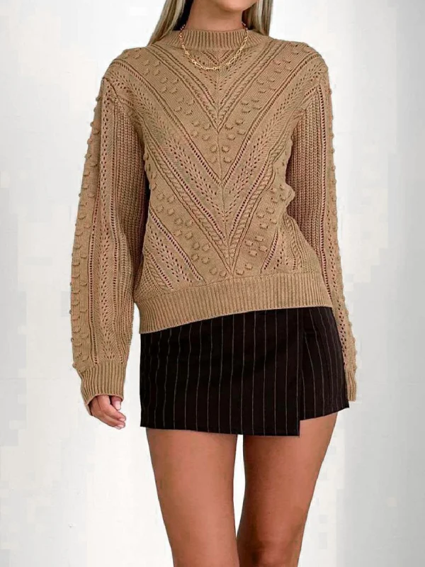 Sequin - Embellished Women Sweater for Special OccasionsOpenwork Round Neck Long Sleeve Sweater