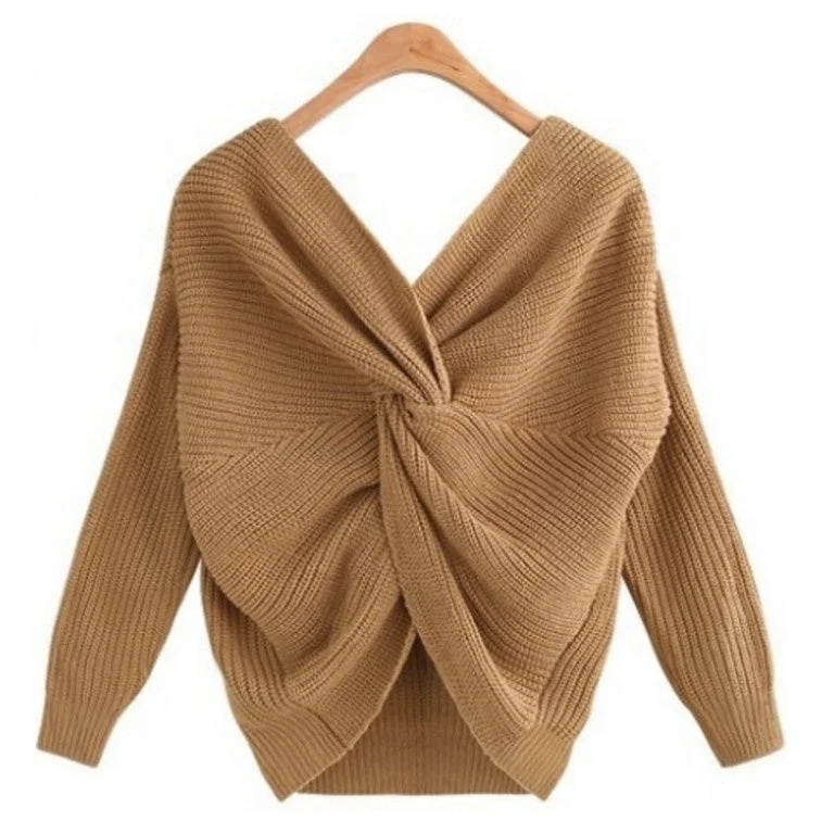 Lightweight Women Sweater for Spring and FallV-Neck Halter Sweater Irregularly Cross-Knotted Knit On Both Sides Lightweight Women Sweater for Spring and FallV-Neck Halter Sweater Irregularly Cross-Knotted Knit On Both Sides