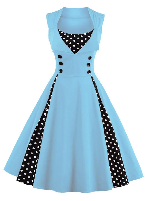 Ruffled Women Dress with Multiple Layers for a Playful and Girly Style1950s Polka Dots Lapel Patchwork Swing Dress Ruffled Women Dress with Multiple Layers for a Playful and Girly Style1950s Polka Dots Lapel Patchwork Swing Dress