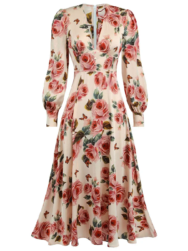 Printed Abstract Women Dress for a Modern and Artistic Appeal1940s Rose V-Neck Long Sleeves Dress Printed Abstract Women Dress for a Modern and Artistic Appeal1940s Rose V-Neck Long Sleeves Dress