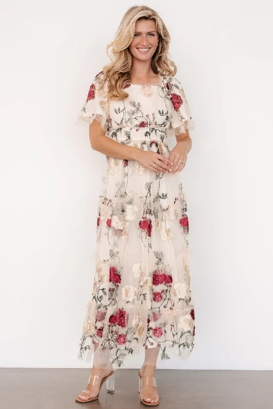 Empire Waist Women Dress to Accentuate the Bust and Conceal the WaistAllison Embroidered Tulle Maxi Dress | Cream Multi Empire Waist Women Dress to Accentuate the Bust and Conceal the WaistAllison Embroidered Tulle Maxi Dress | Cream Multi