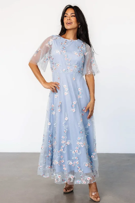 Mermaid - Style Women Dress with a Fitted Silhouette for Special OccasionsArabella Embroidered Tulle Maxi Dress | Light Blue + Blush Mermaid - Style Women Dress with a Fitted Silhouette for Special OccasionsArabella Embroidered Tulle Maxi Dress | Light Blue + Blush