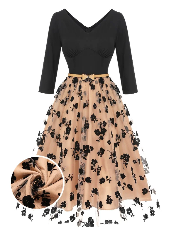 Lace - Embellished Women Dress for an Elegant and Sophisticated AppearanceBeige 1950s Floral Mesh Patchwork Belt Dress Lace - Embellished Women Dress for an Elegant and Sophisticated AppearanceBeige 1950s Floral Mesh Patchwork Belt Dress