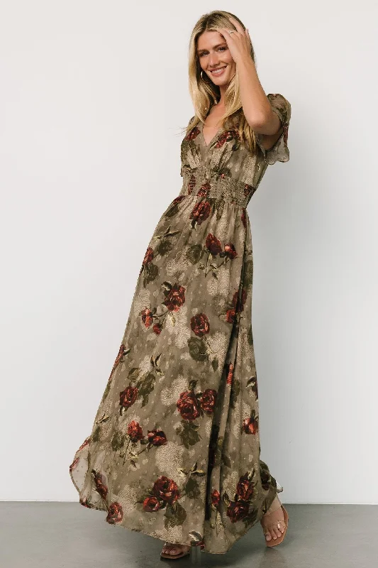 Sheath Women Dress with a Tailored Fit for a Professional LookBirdie Maxi Dress | Olive Floral Sheath Women Dress with a Tailored Fit for a Professional LookBirdie Maxi Dress | Olive Floral