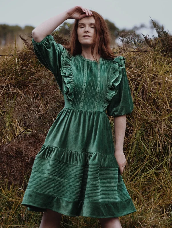 Off - the - Shoulder Women Dress for a Romantic and Feminine LookCLEMENTINE DRESS ANTIQUE GREEN VELVETEEN Off - the - Shoulder Women Dress for a Romantic and Feminine LookCLEMENTINE DRESS ANTIQUE GREEN VELVETEEN