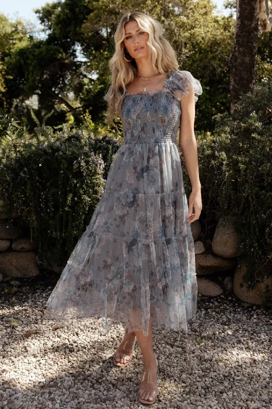 Halter Neck Women Dress to Show Off the Shoulders and NecklineClementine Tulle Midi Dress | Dusty Blue Floral Halter Neck Women Dress to Show Off the Shoulders and NecklineClementine Tulle Midi Dress | Dusty Blue Floral