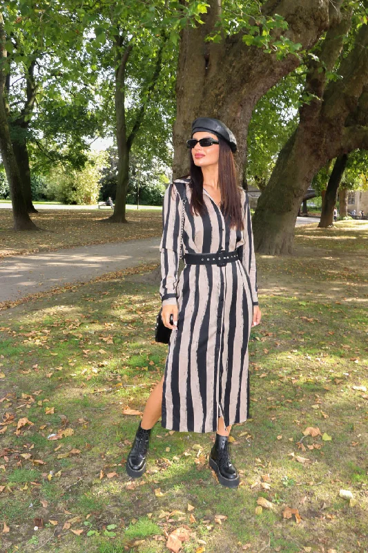 Wrap - Style Women Dress with Adjustable Fit for All Body TypesDon't Fall Shirt - Beige Black Stripe Midi Shirt Dress Wrap - Style Women Dress with Adjustable Fit for All Body TypesDon't Fall Shirt - Beige Black Stripe Midi Shirt Dress