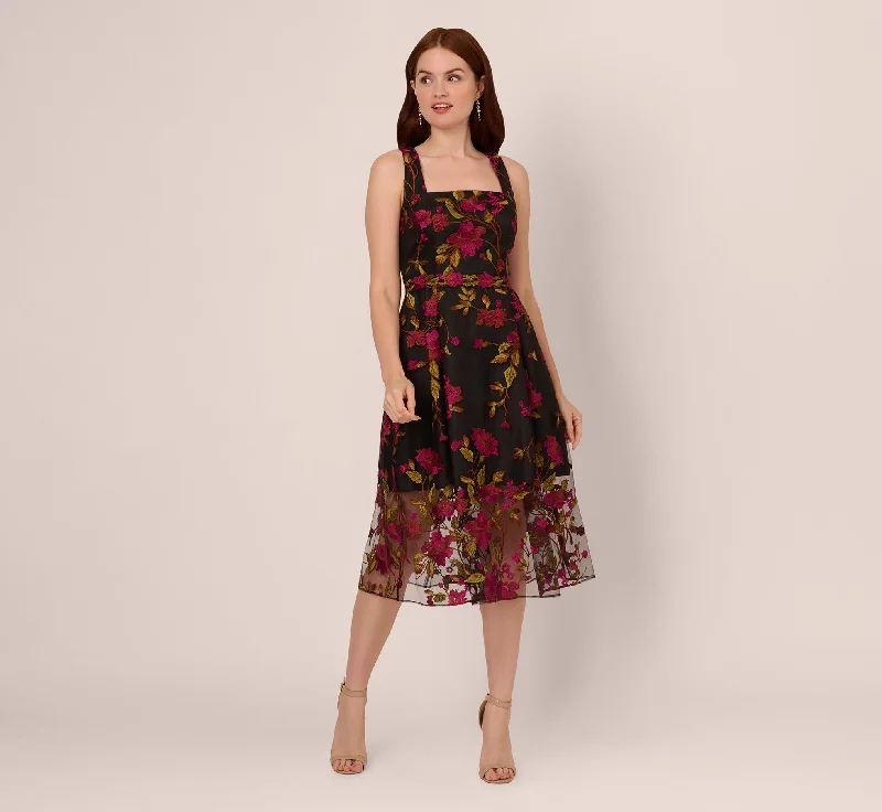 Mermaid - Style Women Dress with a Fitted Silhouette for Special OccasionsFloral Embroidered Midi Dress With Sheer Hem In Pink Black Mermaid - Style Women Dress with a Fitted Silhouette for Special OccasionsFloral Embroidered Midi Dress With Sheer Hem In Pink Black