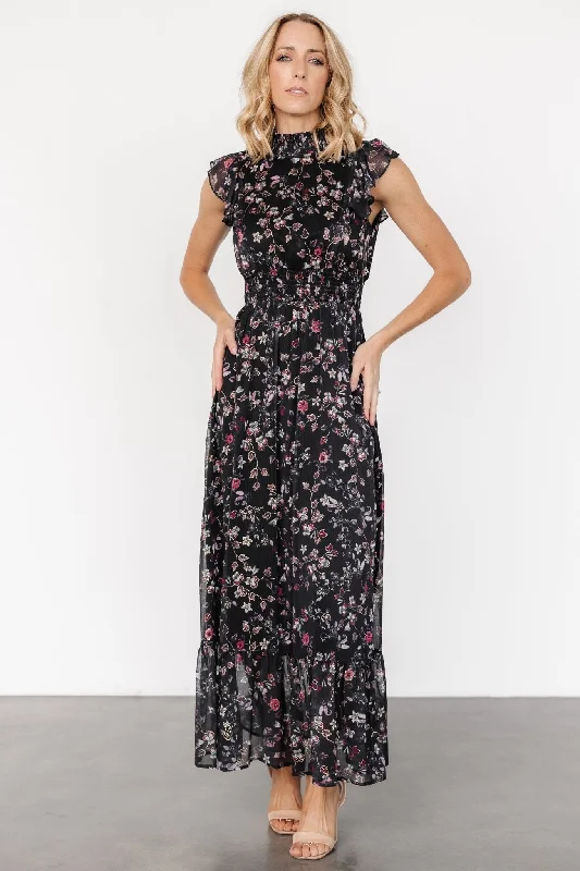 Strapless Women Dress with a Built - in Bra for Comfort and SupportKearny Ruffle Maxi Dress | Midnight + Gold Multi Strapless Women Dress with a Built - in Bra for Comfort and SupportKearny Ruffle Maxi Dress | Midnight + Gold Multi