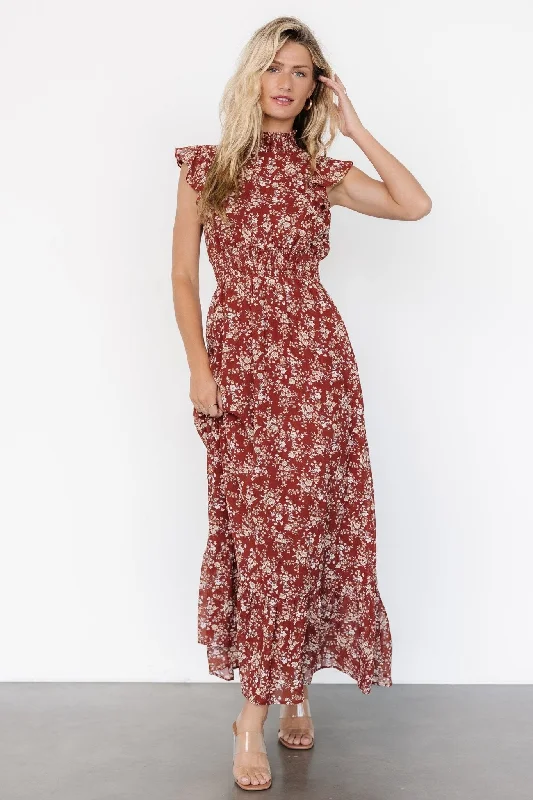 Lace - Embellished Women Dress for an Elegant and Sophisticated AppearanceKearny Ruffle Maxi Dress | Rust Print Lace - Embellished Women Dress for an Elegant and Sophisticated AppearanceKearny Ruffle Maxi Dress | Rust Print
