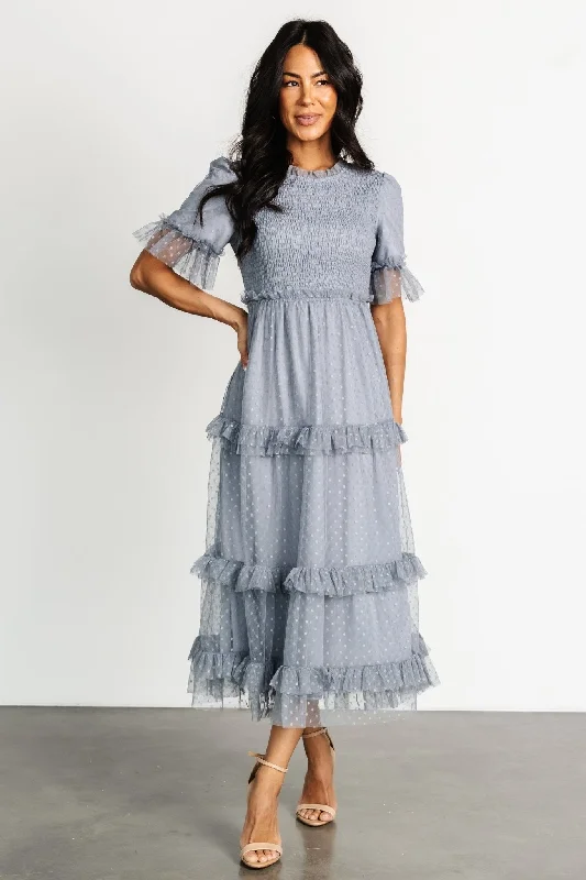 Long - Sleeve Women Dress in Velvet for a Luxurious Winter LookLysandra Smocked Dot Dress | Dusty Slate Long - Sleeve Women Dress in Velvet for a Luxurious Winter LookLysandra Smocked Dot Dress | Dusty Slate
