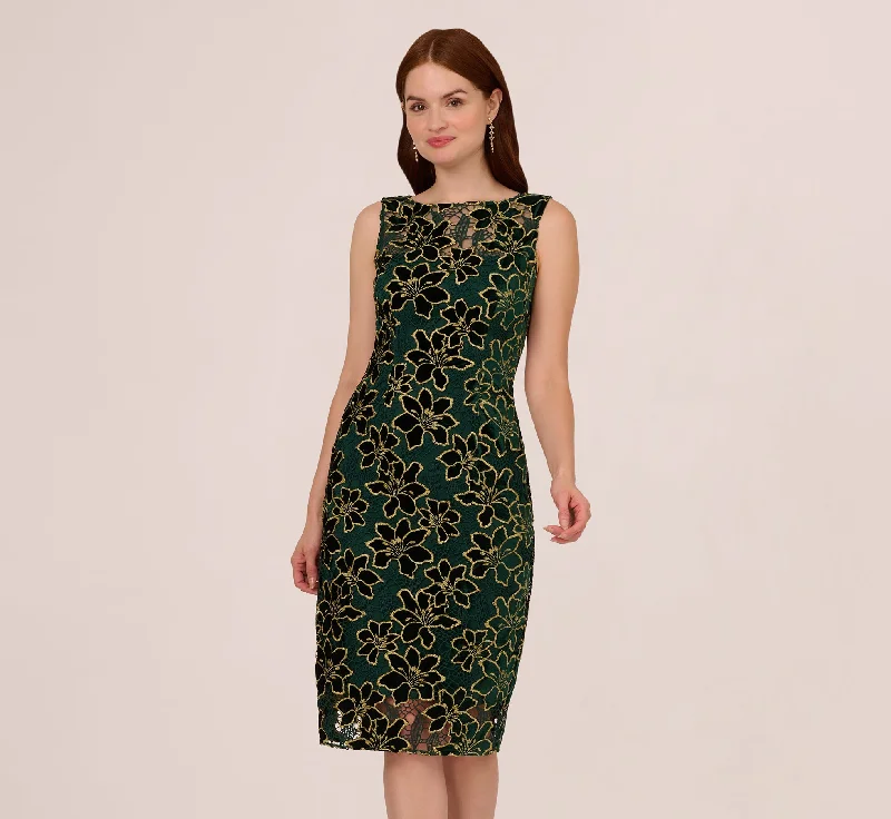 Strapless Women Dress with a Built - in Bra for Comfort and SupportMetallic Floral Lace Midi Dress With Illusion Neckline In Hunter Gold Strapless Women Dress with a Built - in Bra for Comfort and SupportMetallic Floral Lace Midi Dress With Illusion Neckline In Hunter Gold