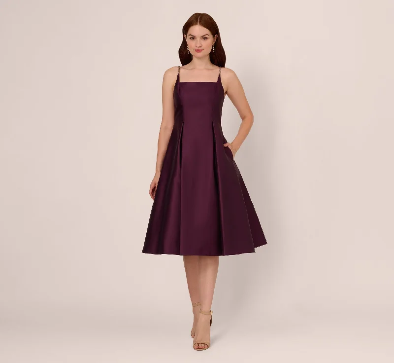 Pleated Women Dress with a Timeless and Elegant TextureMikado Midi Dress With Beaded Spaghetti Straps In Pinot Noir Pleated Women Dress with a Timeless and Elegant TextureMikado Midi Dress With Beaded Spaghetti Straps In Pinot Noir