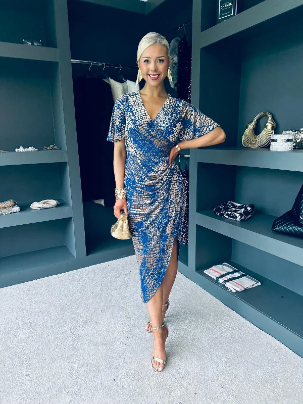 Little Black Women Dress with Sequins for a Glamorous Night OutNatasha Angel Sleeve Wrap Midi Dress In Cobalt and Gold Velvet Little Black Women Dress with Sequins for a Glamorous Night OutNatasha Angel Sleeve Wrap Midi Dress In Cobalt and Gold Velvet