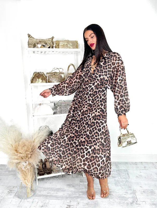 Sleeveless Women Dress in Bright Colors for Summer PartiesNever Miss A Pleat - Beige Leopard Plunge Pleated Midi Dress Sleeveless Women Dress in Bright Colors for Summer PartiesNever Miss A Pleat - Beige Leopard Plunge Pleated Midi Dress