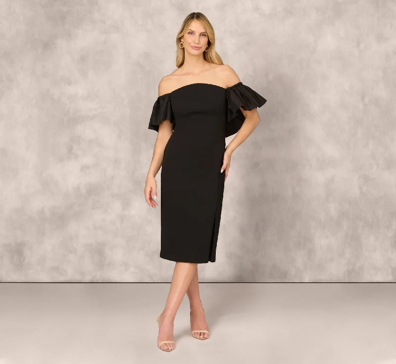 Wrap - Style Women Dress with Adjustable Fit for All Body TypesOff The Shoulder Midi Dress With Organza Bubble Sleeves In Black Wrap - Style Women Dress with Adjustable Fit for All Body TypesOff The Shoulder Midi Dress With Organza Bubble Sleeves In Black