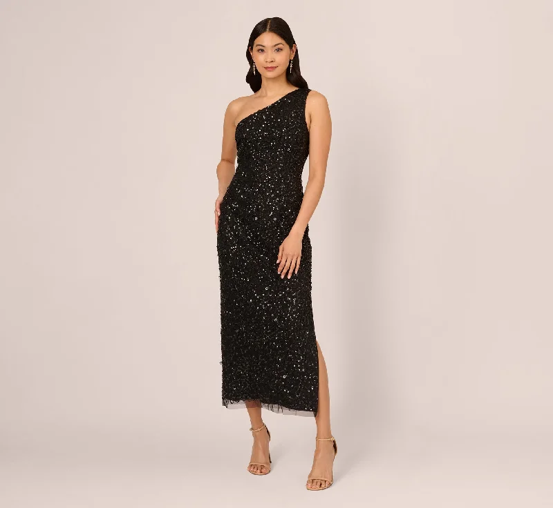 Mini Women Dress with a Short Hem for a Young and Trendy StyleOne Shoulder Sequin Beaded Ankle Length Dress In Black Mini Women Dress with a Short Hem for a Young and Trendy StyleOne Shoulder Sequin Beaded Ankle Length Dress In Black