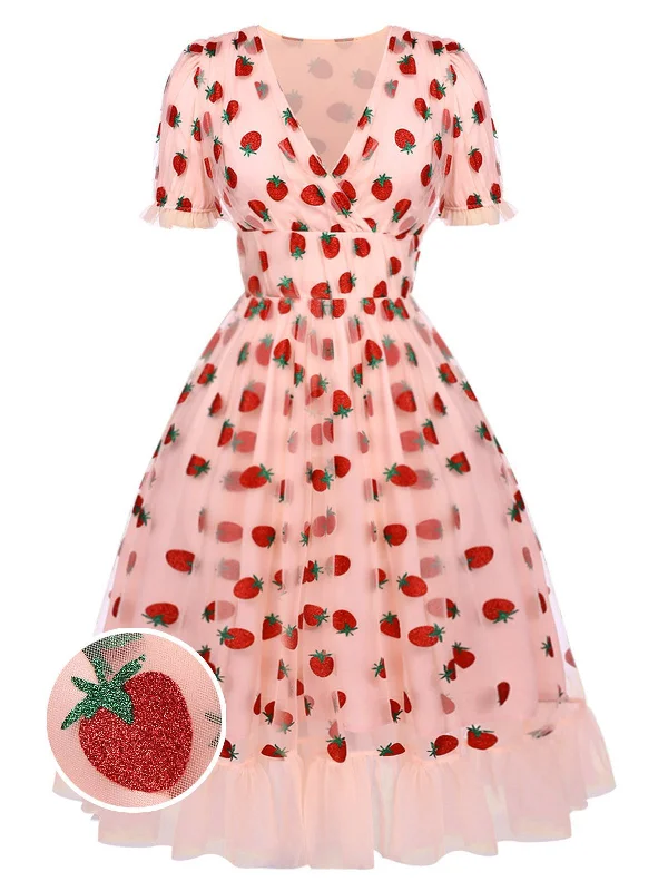 Sleeveless Women Dress in Bright Colors for Summer PartiesPink 1950s Lace Strawberry Swing Dress Sleeveless Women Dress in Bright Colors for Summer PartiesPink 1950s Lace Strawberry Swing Dress