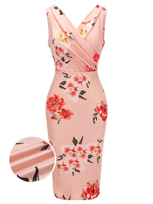 Ruffled Women Dress with Multiple Layers for a Playful and Girly StylePink 1950s V-neck Wrap Floral Pencil Dress Ruffled Women Dress with Multiple Layers for a Playful and Girly StylePink 1950s V-neck Wrap Floral Pencil Dress