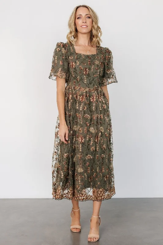 Printed Abstract Women Dress for a Modern and Artistic AppealRavenna Embroidered Dress | Olive Floral Printed Abstract Women Dress for a Modern and Artistic AppealRavenna Embroidered Dress | Olive Floral