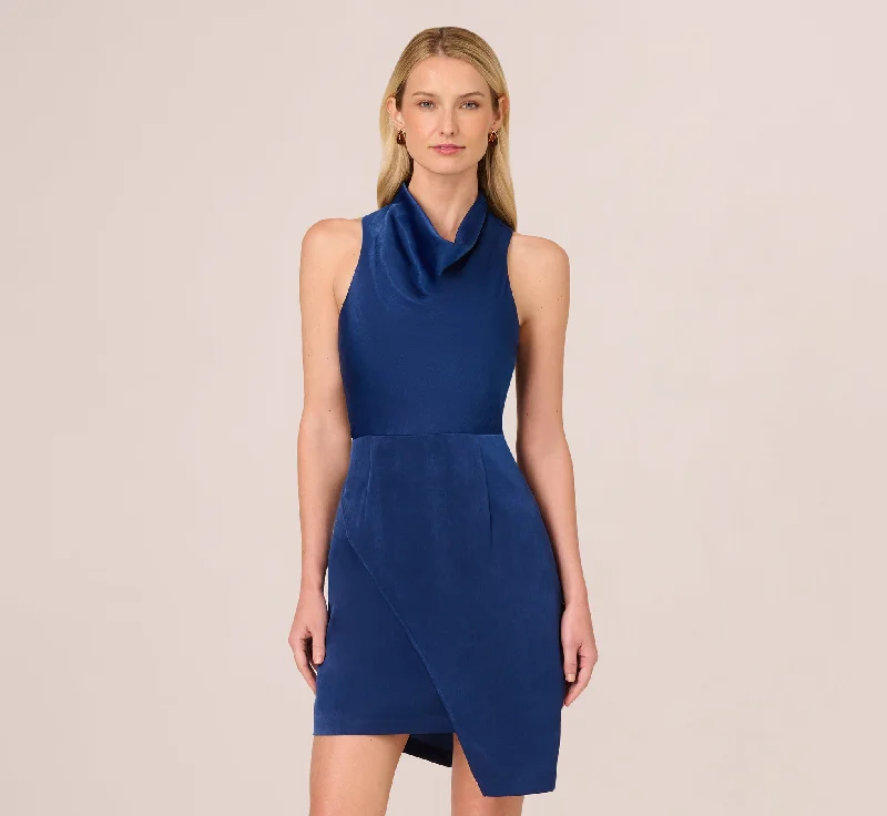 Backless Women Dress for a Sexy and Alluring Look at Evening EventsSatin Sleeveless Asymmetric Dress With Draped Neckline In Navy Backless Women Dress for a Sexy and Alluring Look at Evening EventsSatin Sleeveless Asymmetric Dress With Draped Neckline In Navy