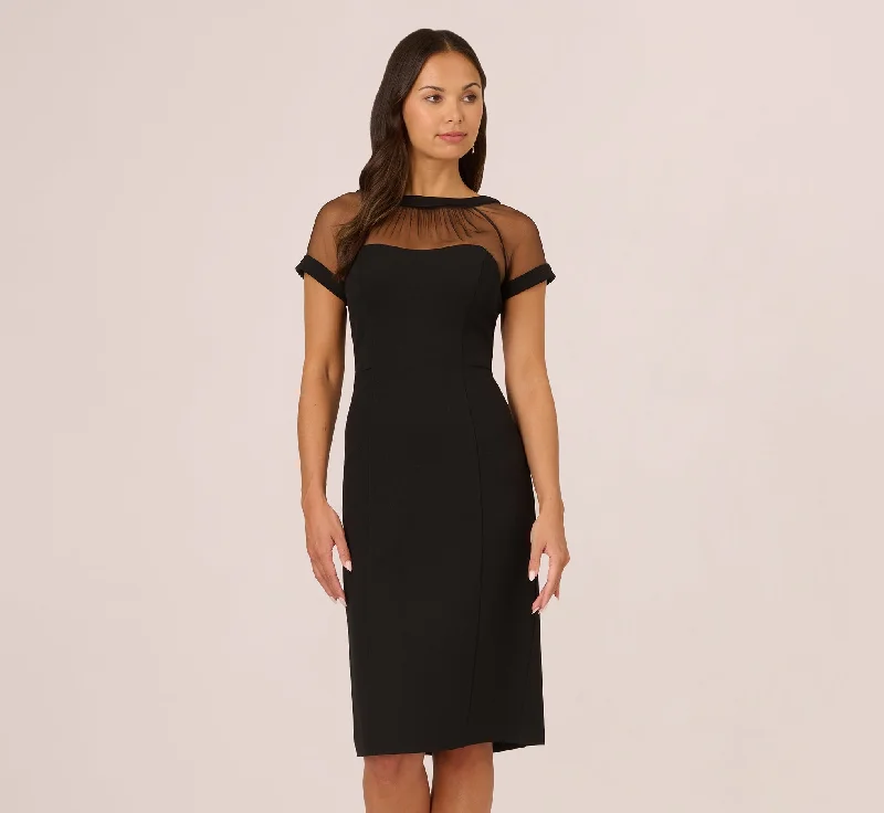 Ruffled Women Dress with Multiple Layers for a Playful and Girly StyleShort Sleeve Sheath Dress With Illusion Details In Black Ruffled Women Dress with Multiple Layers for a Playful and Girly StyleShort Sleeve Sheath Dress With Illusion Details In Black