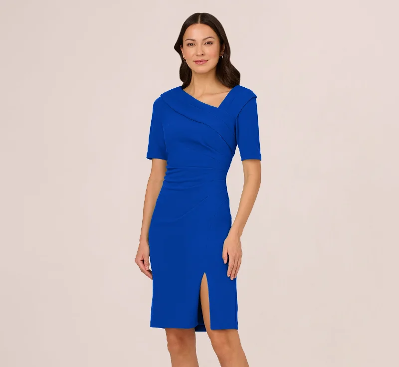 Halter Neck Women Dress to Show Off the Shoulders and NecklineShort Sleeves Sheath Dress With Asymmetrical Neckline In Violet Cobalt Halter Neck Women Dress to Show Off the Shoulders and NecklineShort Sleeves Sheath Dress With Asymmetrical Neckline In Violet Cobalt