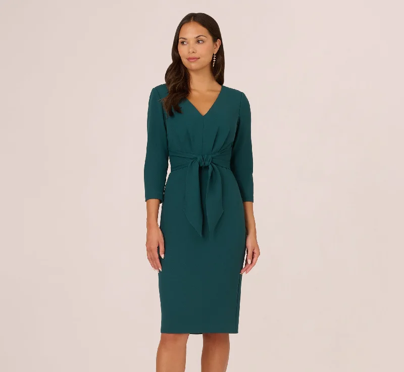 Empire Waist Women Dress to Accentuate the Bust and Conceal the WaistThree Quarter Sleeve Pleated Midi Dress With Tie Waist In Hunter Empire Waist Women Dress to Accentuate the Bust and Conceal the WaistThree Quarter Sleeve Pleated Midi Dress With Tie Waist In Hunter