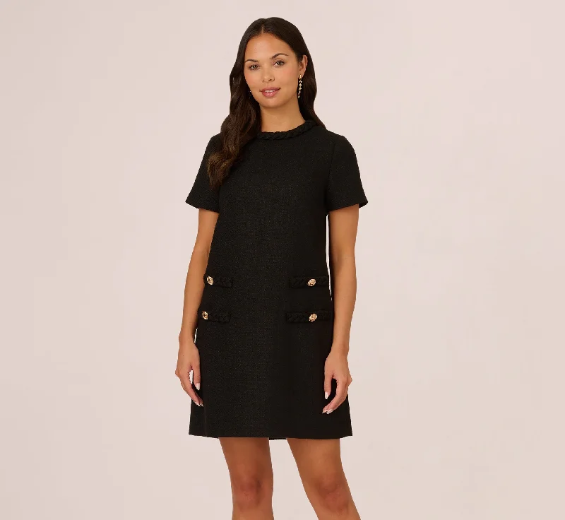 Ruffled Women Dress with Multiple Layers for a Playful and Girly StyleTweed Sheath Dress With Short Sleeves In Black Ruffled Women Dress with Multiple Layers for a Playful and Girly StyleTweed Sheath Dress With Short Sleeves In Black