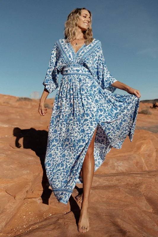 Wrap - Style Women Dress with Adjustable Fit for All Body TypesWatson Kimono Maxi Dress | Blue + White Wrap - Style Women Dress with Adjustable Fit for All Body TypesWatson Kimono Maxi Dress | Blue + White