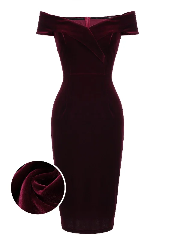 Strapless Women Dress with a Built - in Bra for Comfort and SupportWine Red 1960s Velvet Bodycon Vintage Dress